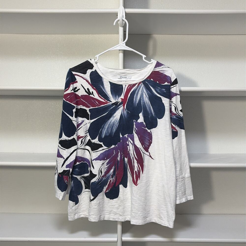 Chicos Floral Slub Knit Top Navy Magenta Purple Button Cuff Cotton Modal Sz 2 L